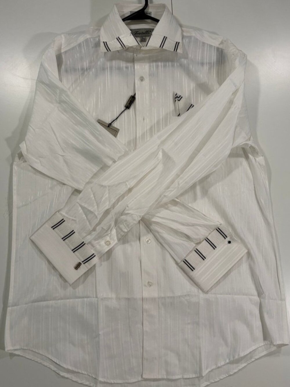 Fratello French Cuff Dress Shirt White Black Trim Textured Self-Stripe NWT 16.5